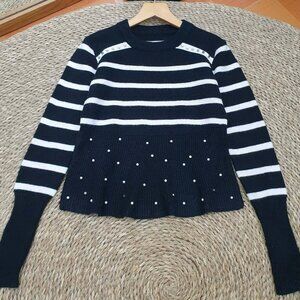 Black White Stripe Pearl Embellished Knit Sweater